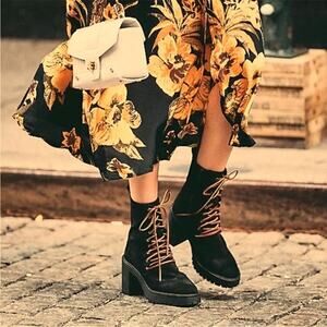 New NoBox Free People Dylan Black Suede Leather Lace Up Boots Chunky Heel 36 / 6